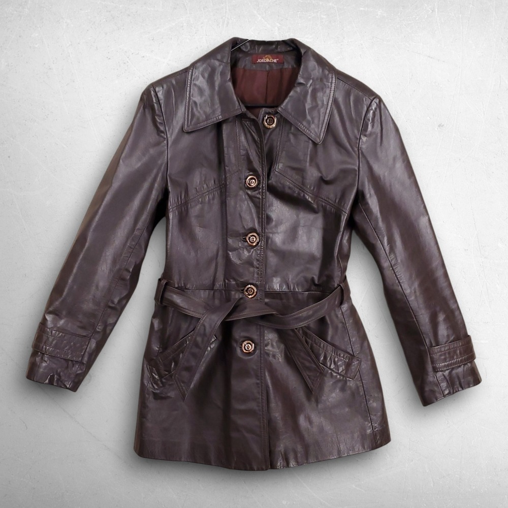 VTG 70s Jordache Leather Trench Coat Women VTG Size 16 Brown Retro Indie Sleaze